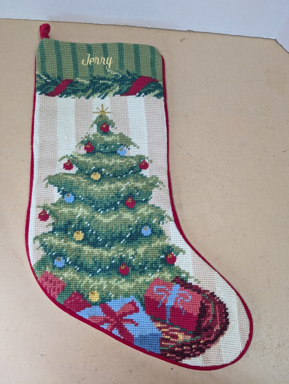 Lands End Needle Point Stocking "Jerry" Red Christmas Tree Holiday